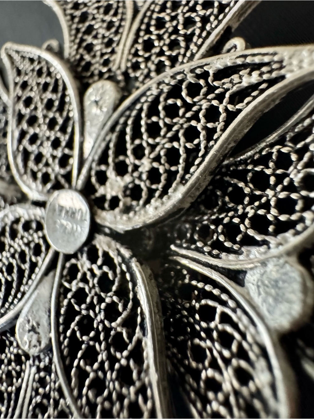 Turkey Sterling Silver Filigree Pendant with Mother of Pearl Cabochon - 2 3/4” - Picture 7 of 7